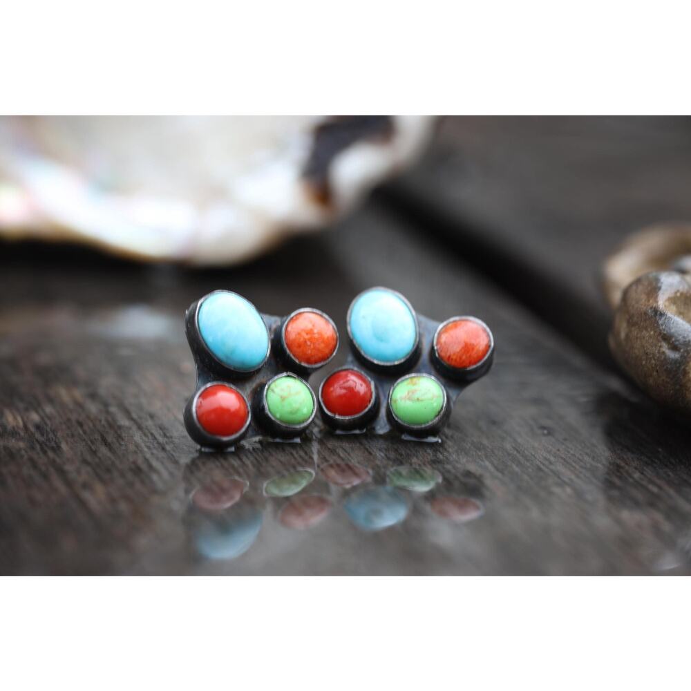 Kee C. Cook Navajo Turquoise and Coral Cluster Earrings, Signed Native American